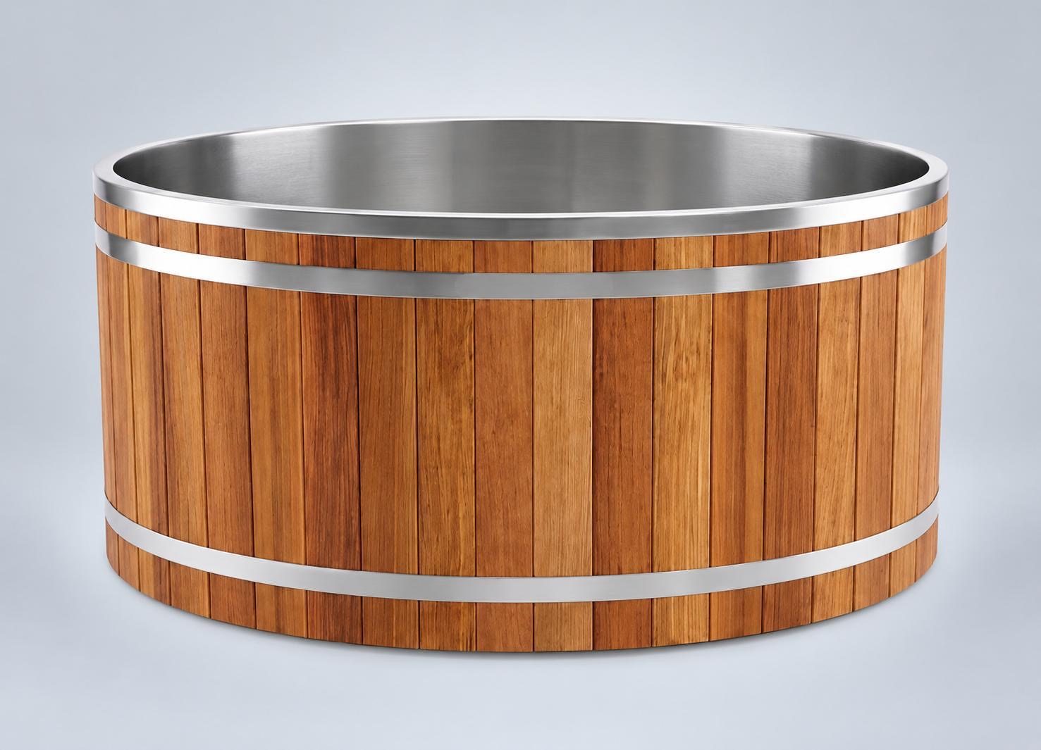 Round timber cold plunge tub with stainless steel bands